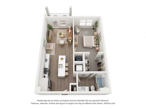 a stylized view of a 1 bedroom floor plan of a 1100 sq ft apartment